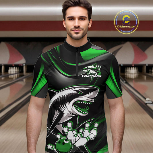 Custom Black And Green Shark Bowling Team Quarter-Zip Shirts For Men, Bowling League Shirt IPHW9004