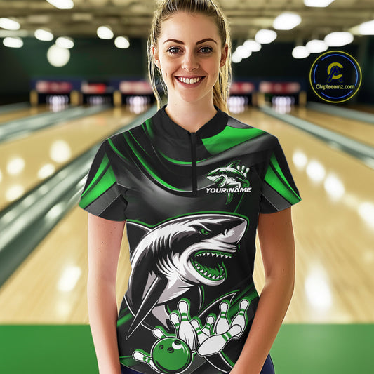 Custom Black And Green Shark Bowling Team Women Quarter-Zip Shirt, Bowling League Shirt IPHW9004