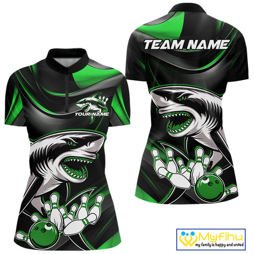 Custom Black And Green Shark Bowling Team Women Quarter-Zip Shirt, Bowling League Shirt IPHW9004