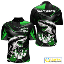 Load image into Gallery viewer, Custom Black And Green Shark Bowling Team Quarter-Zip Shirts For Men, Bowling League Shirt IPHW9004