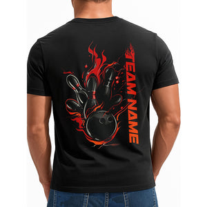 Custom Black And Red Flame Strike Bowling T-Shirts For Men, Fire Bowling Shirt IPHW9054
