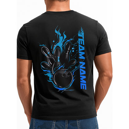 Custom Black And Blue Flame Strike Bowling T-Shirts For Men, Team Uniform IPHW9055