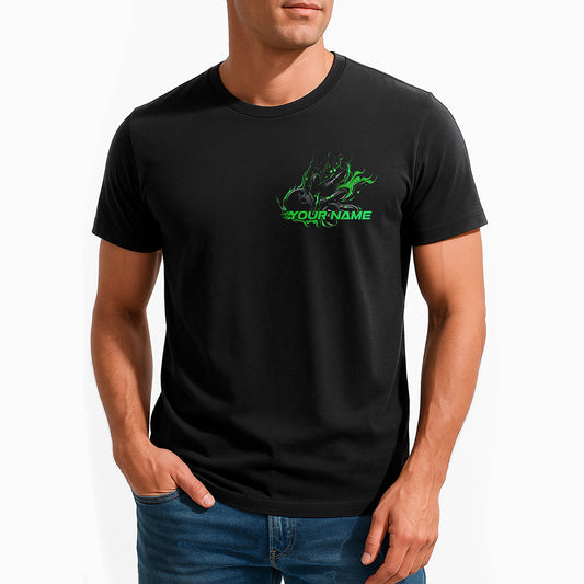 Custom Black And Green Flame Strike Bowling T-Shirts For Men, Unique Design IPHW9057