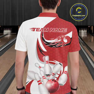 Custom White And Red Bowling Polo Shirts For Men, Flame Bowling Team Shirt IPHW9240