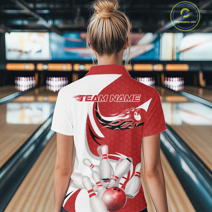 Custom White And Red Bowling Quarter-Zip Shirts For Women, Flame Bowling Team Shirt IPHW9240