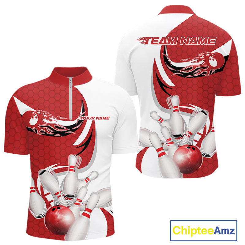 Custom White And Red Bowling Quarter-Zip Shirts For Men, Flame Bowling Team Shirt IPHW9240