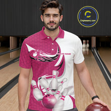 Load image into Gallery viewer, Custom White And Pink Bowling Polo Shirts For Men, Flame Bowling Team Shirt IPHW9241