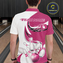 Load image into Gallery viewer, Custom White And Pink Bowling Polo Shirts For Men, Flame Bowling Team Shirt IPHW9241