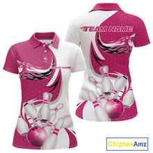 Load image into Gallery viewer, Custom White And Pink Bowling Polo Shirts For Women, Flame Bowling Team Shirt IPHW9241