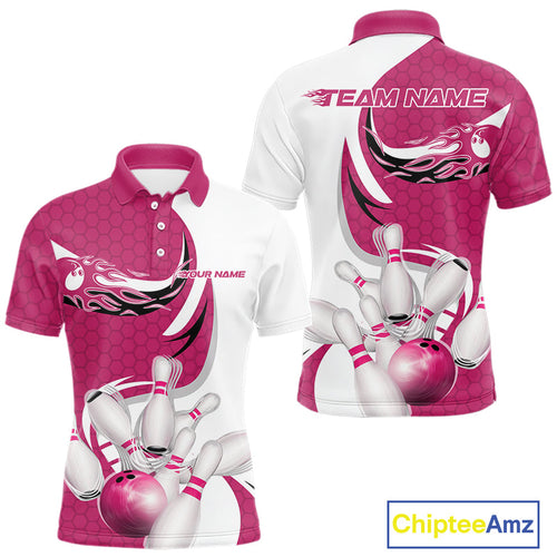 Custom White And Pink Bowling Polo Shirts For Men, Flame Bowling Team Shirt IPHW9241