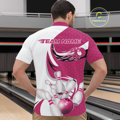 Custom White And Pink Bowling Quarter-Zip Shirts For Men, Flame Bowling Team Shirt IPHW9241