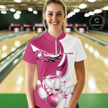 Load image into Gallery viewer, Custom White And Pink Bowling Quarter-Zip Shirts For Women, Flame Bowling Team Shirt IPHW9241