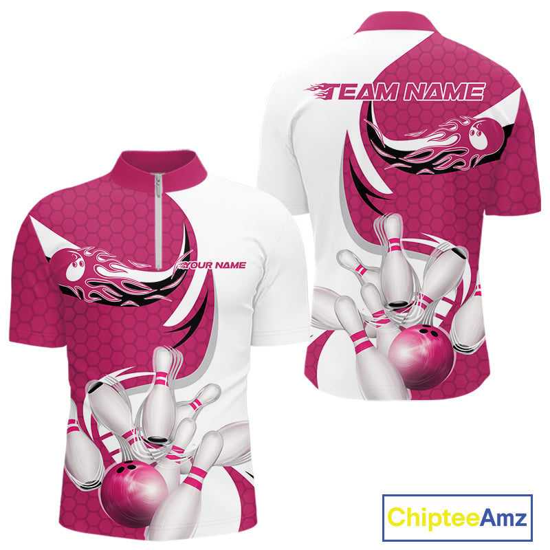 Custom White And Pink Bowling Quarter-Zip Shirts For Men, Flame Bowling Team Shirt IPHW9241