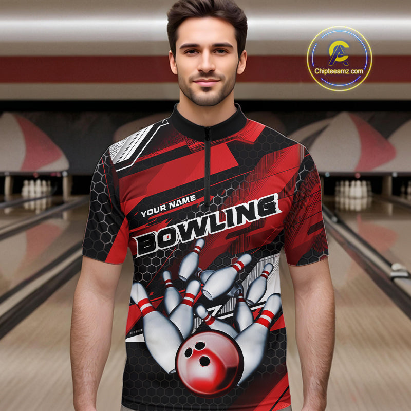 Custom Black And Red Hexagon Pattern Bowling Quarter-Zip Shirts For Men, Bowling Team Uniform IPHW9420