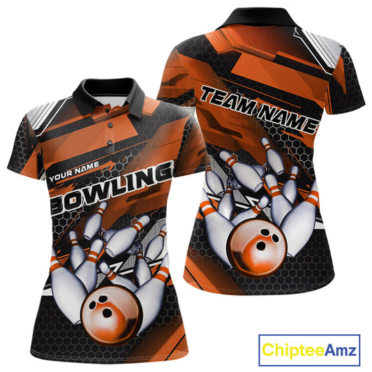 Custom Black And Orange Hexagon Pattern Bowling Women Polo Shirts, Bowling Team Uniform IPHW9421