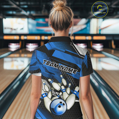 Custom Black And Blue Hexagon Pattern Bowling Polo Shirts For Women, Bowling Team Uniform IPHW9422