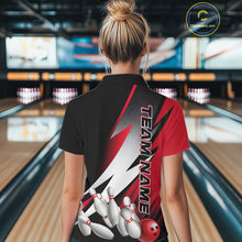 Load image into Gallery viewer, Custom Black And Red Strike Bowling Polo Shirts For Women, Bowling Team Uniform IPHW9423