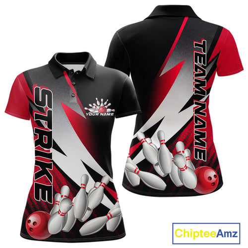 Custom Black And Red Strike Bowling Polo Shirts For Women, Bowling Team Uniform IPHW9423