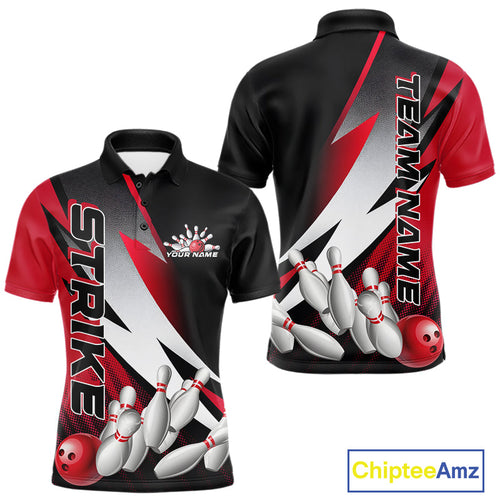 Custom Black And Red Strike Bowling Polo Shirts For Men, Bowling Team Uniform IPHW9423
