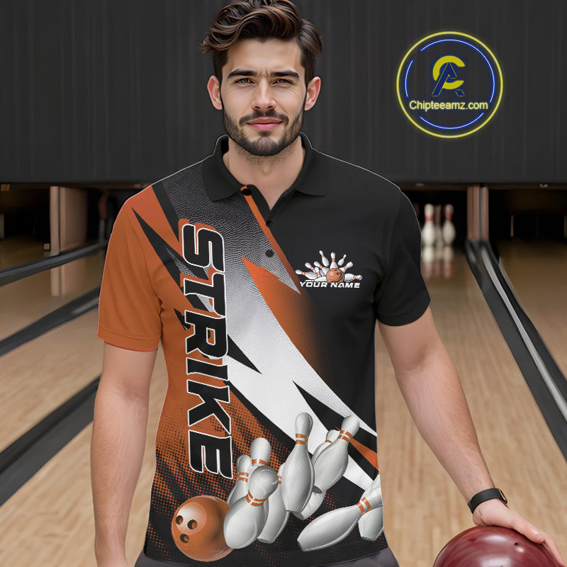 Custom Black And Orange Strike Bowling Polo Shirts For Men, Bowling Team Uniform IPHW9424