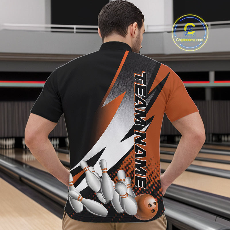 Custom Black And Orange Strike Bowling Quarter-Zip Shirts For Men, Bowling Team Uniform IPHW9424