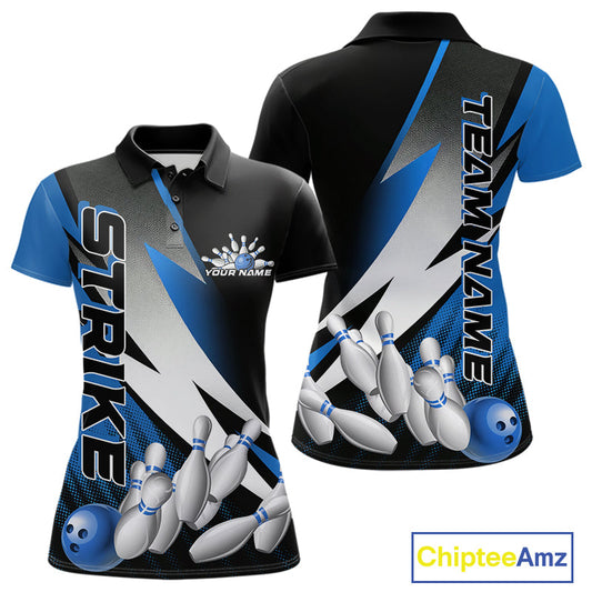 Custom Black And Blue Strike Bowling Polo Shirts For Women, Bowling Team Uniform IPHW9425