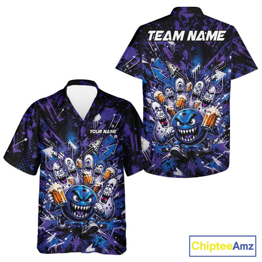 Front and back view of a blue and purple button-up bowling shirt featuring a blue monster bowling ball leading monster bowling pins holding overflowing beer mugs with bold graffiti-style splatter artwork.