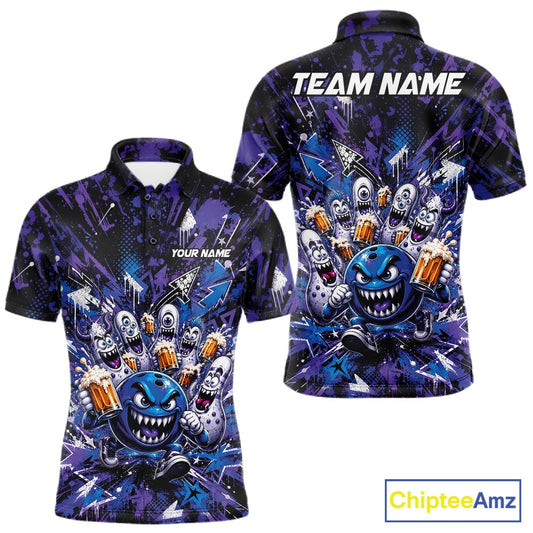 Front and back view of a blue and purple men's bowling polo shirt showcasing a blue monster bowling ball leading monster bowling pins holding overflowing beer mugs with bold graffiti-style splatter graphics.