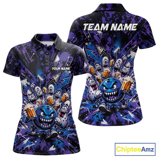 Front and back view of a blue and purple women's bowling polo shirt showcasing a blue monster bowling ball leading monster bowling pins holding overflowing beer mugs with bold graffiti-style splatter graphics.
