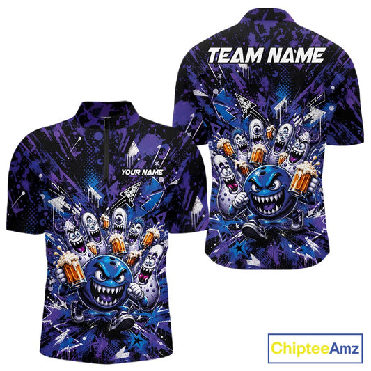 Front and back view of a blue and purple men's bowling quarter-zip shirt showcasing a blue monster bowling ball leading monster bowling pins holding overflowing beer mugs with vibrant graffiti-style splatter graphics.