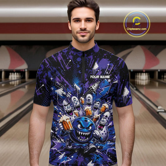 Front view of a male model in a bowling lane wearing a blue and purple bowling quarter-zip shirt featuring a blue monster bowling ball leading monster bowling pins holding overflowing beer mugs with bold graffiti-style splatter graphics.