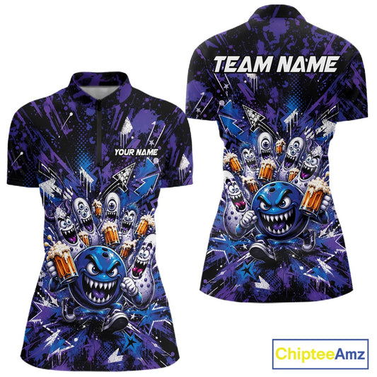 Front and back view of a blue and purple women's bowling quarter-zip shirt featuring a blue monster bowling ball leading monster bowling pins holding overflowing beer mugs with bold graffiti-style splatter graphics.