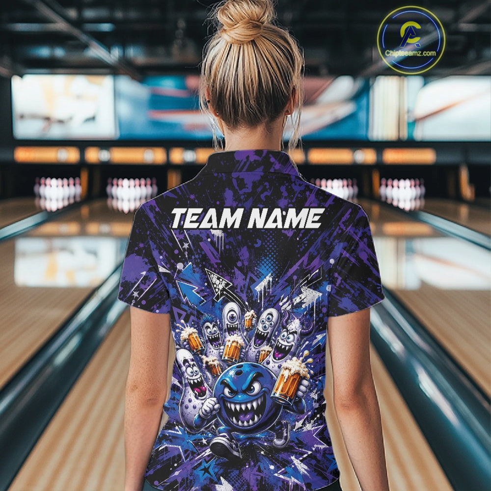 Back view of a female model wearing a blue and purple bowling quarter-zip shirt in a bowling lane, featuring a blue monster bowling ball leading monster bowling pins holding overflowing beer mugs with energetic graffiti-style splatter graphics.
