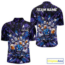 Load image into Gallery viewer, Front and back view of a blue and purple men's bowling quarter-zip shirt showcasing a blue monster bowling ball leading monster bowling pins holding overflowing beer mugs with vibrant graffiti-style splatter graphics.