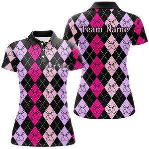 Pink And Purple Argyle Pattern Bowling Shirts For Women, Custom Bowling Uniforms IPHW7304