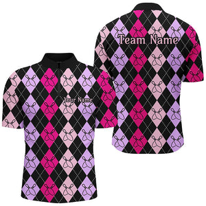 Pink And Purple Argyle Pattern Bowling Shirts For Men, Custom Bowling Uniforms IPHW7304