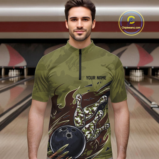 Custom Military Camo Bowling Quarter-Zip Shirts For Men, Patriotic Veteran Bowling Team Shirt IPHW8038