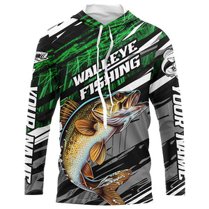 Walleye Fishing Camo Long Sleeve Fishing Shirts, Custom Walleye Tournament Fishing Jerseys | Green IPHW5956