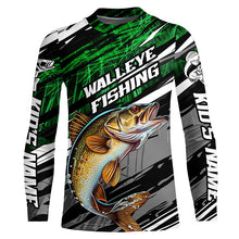 Load image into Gallery viewer, Walleye Fishing Camo Long Sleeve Fishing Shirts, Custom Walleye Tournament Fishing Jerseys | Green IPHW5956