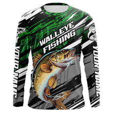 Load image into Gallery viewer, Walleye Fishing Camo Long Sleeve Fishing Shirts, Custom Walleye Tournament Fishing Jerseys | Green IPHW5956