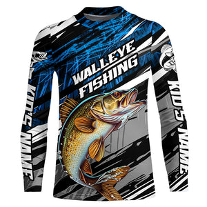 Walleye Fishing Camo Long Sleeve Fishing Shirts, Custom Walleye Tournament Fishing Jerseys | Blue IPHW5957