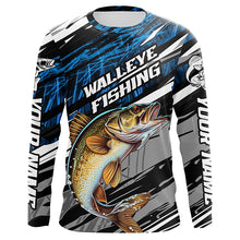 Load image into Gallery viewer, Walleye Fishing Camo Long Sleeve Fishing Shirts, Custom Walleye Tournament Fishing Jerseys | Blue IPHW5957