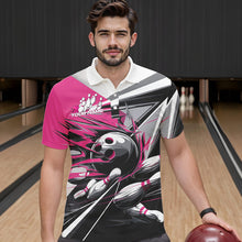 Load image into Gallery viewer, Custom Black And Pink Striking Bowling Polo Shirts For Men, Team Uniform Bowlers Outfits IPHW8764
