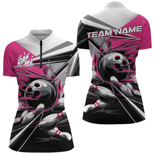 Custom Black And Pink Striking Bowling Womens Quarter-Zip Shirts, Team Bowlers Outfits IPHW8764