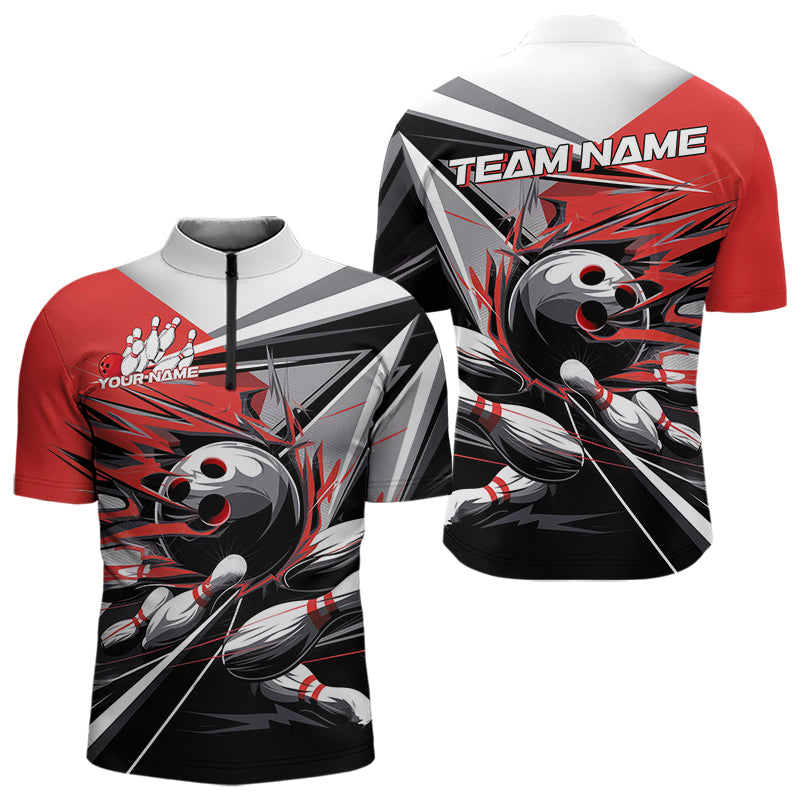 Custom Black And Red Striking Bowling Quarter-Zip Shirts For Men, Team Uniform Bowlers Outfits IPHW8766
