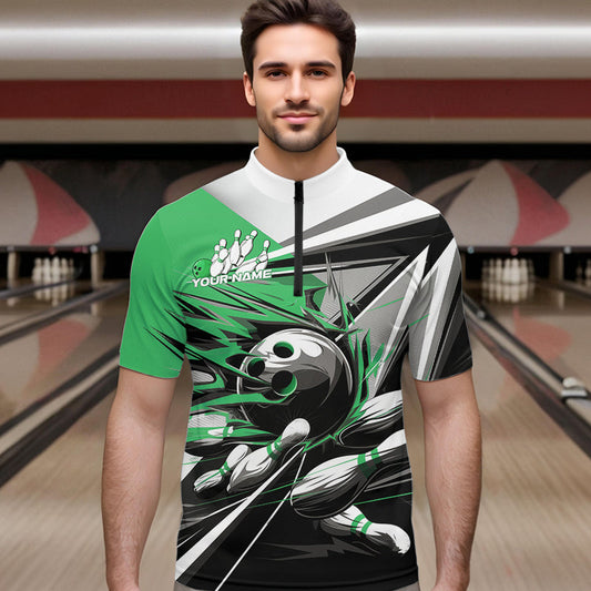 Custom Black And Green Striking Bowling Quarter-Zip Shirts For Men, Team Uniform Bowlers Outfits IPHW8767