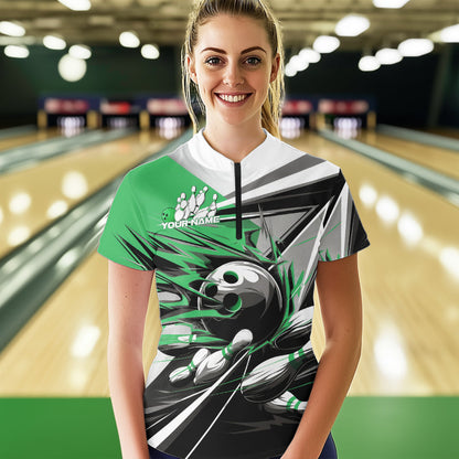 Custom Black And Green Striking Bowling Womens Quarter-Zip Shirts, Team Bowlers Outfits IPHW8767