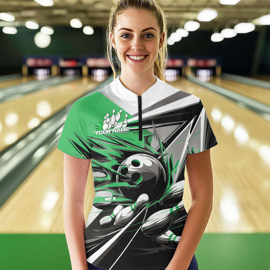 Custom Black And Green Striking Bowling Womens Quarter-Zip Shirts, Team Bowlers Outfits IPHW8767