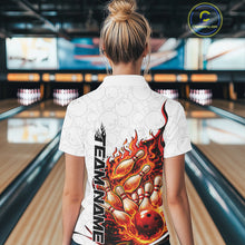 Load image into Gallery viewer, Back view female model in bowling lane wearing polo shirt with flaming bowling ball crashing into pins red dynamic fire bowling design