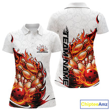 Load image into Gallery viewer, Front and back view women’s polo shirt mockup featuring flaming bowling ball crashing into pins fiery style design on white and red fabric